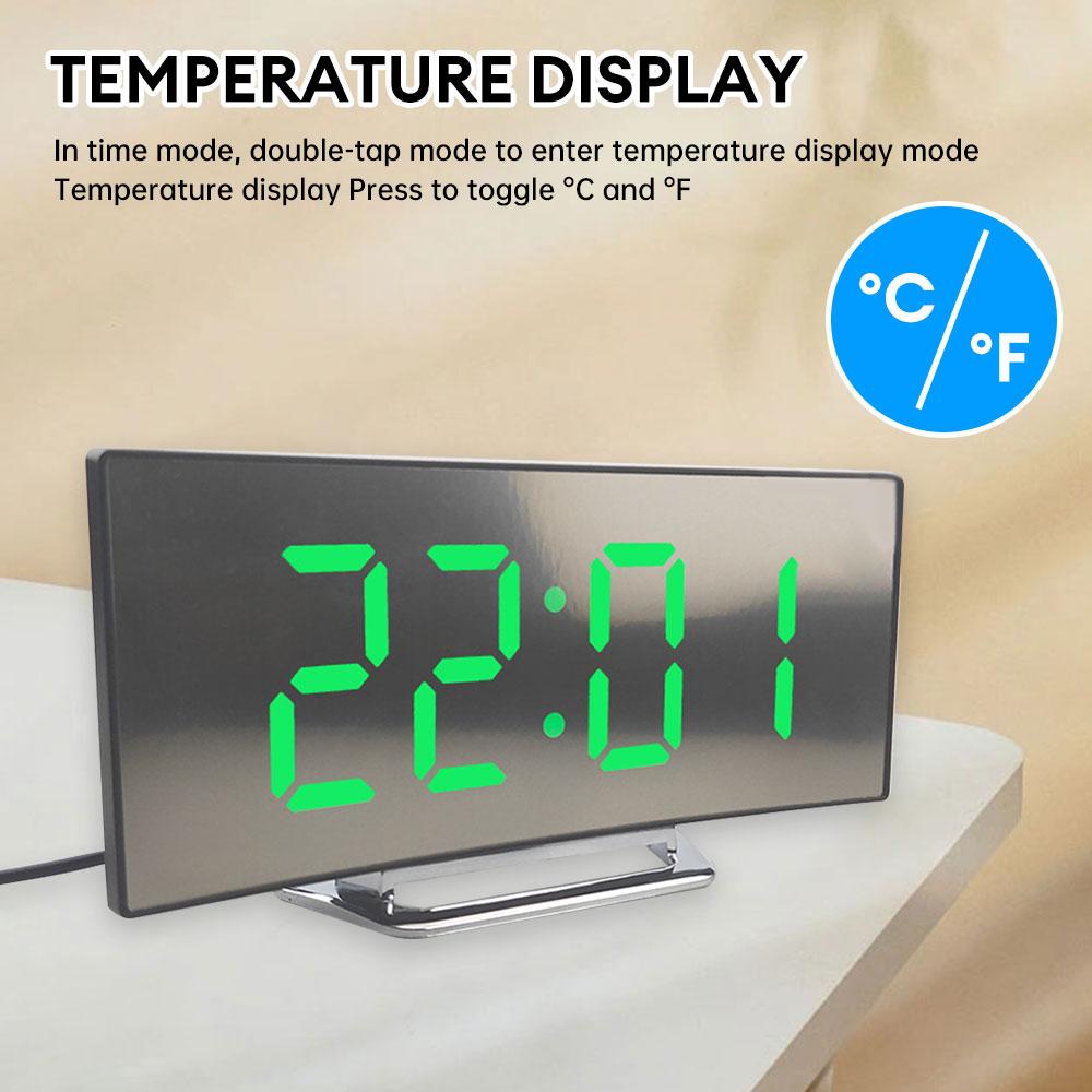 

Светодиодный будильник с зеркальным изогнутым экраном, цифровой будильник с температурой сна для студентов, спальни, гостиной, офиса, школы зелёный