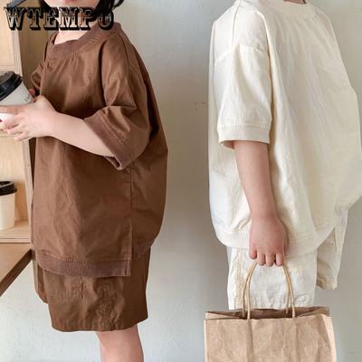 Children Casual Set Baby Boy Solid Loose All-match Short Sleeves T-shirt and Girl Simple Comfortable Cotton Shorts Suit 2pc