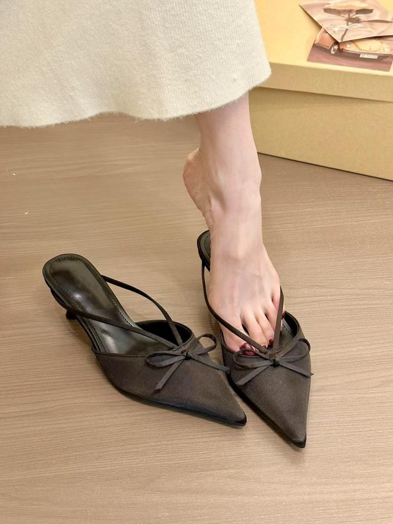 Pink! Temperament Pointed Head Satin Bow Bag Head Half Slippers Women's Spring One-pedal Single Shoes