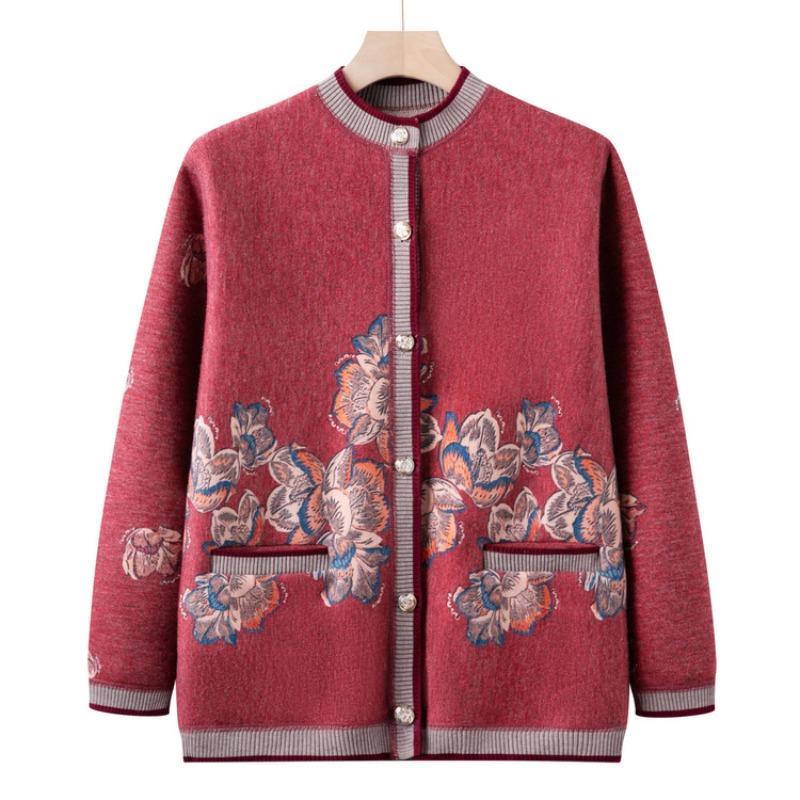 Middle-aged and Elderly People Fleece Warm Knitted Sweater Female Grandma Autumn and Winter Sweater Cardigan Mother Thickened Coat New