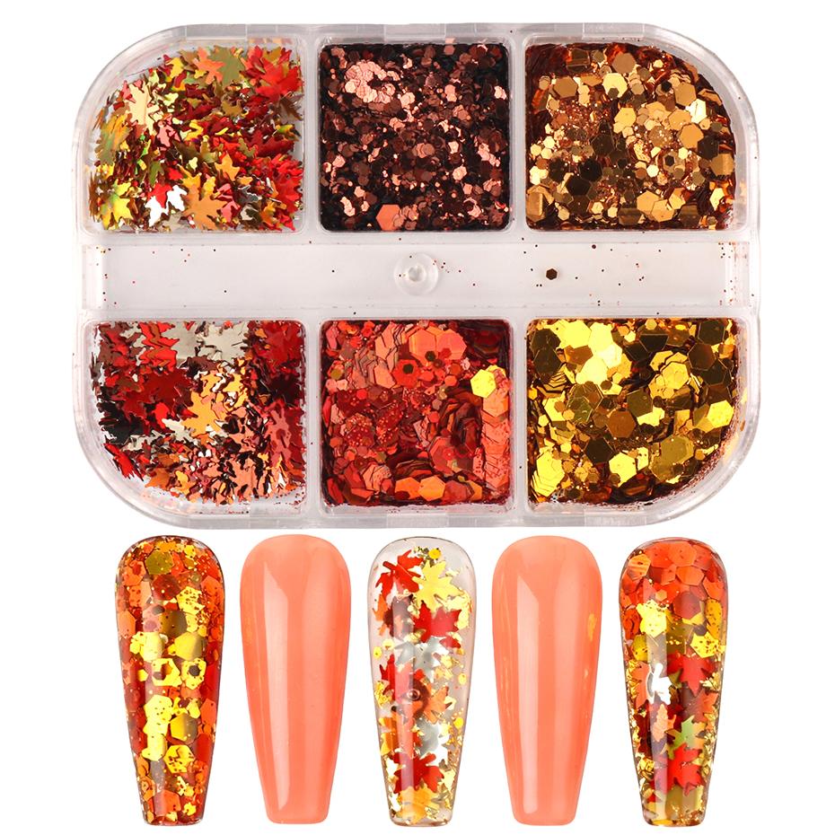 Xiaomi 6 Grids Fall Maple Leaf Nail Glitter Sequins Metallic Autumn Hexagon Nail Art Flakes Orange Gold Red Nail Decorations Manicure