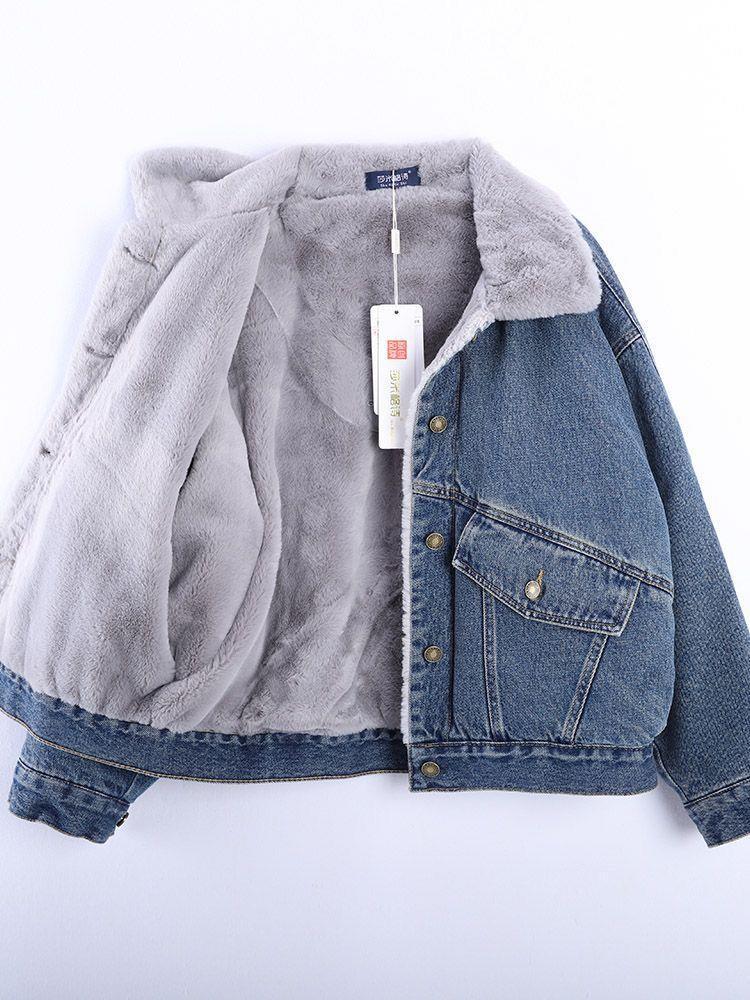 Women's Stylish Korean Velvet-Lined Denim Jacket – Warm, Casual, Loose-Fit Cotton Winter Coat