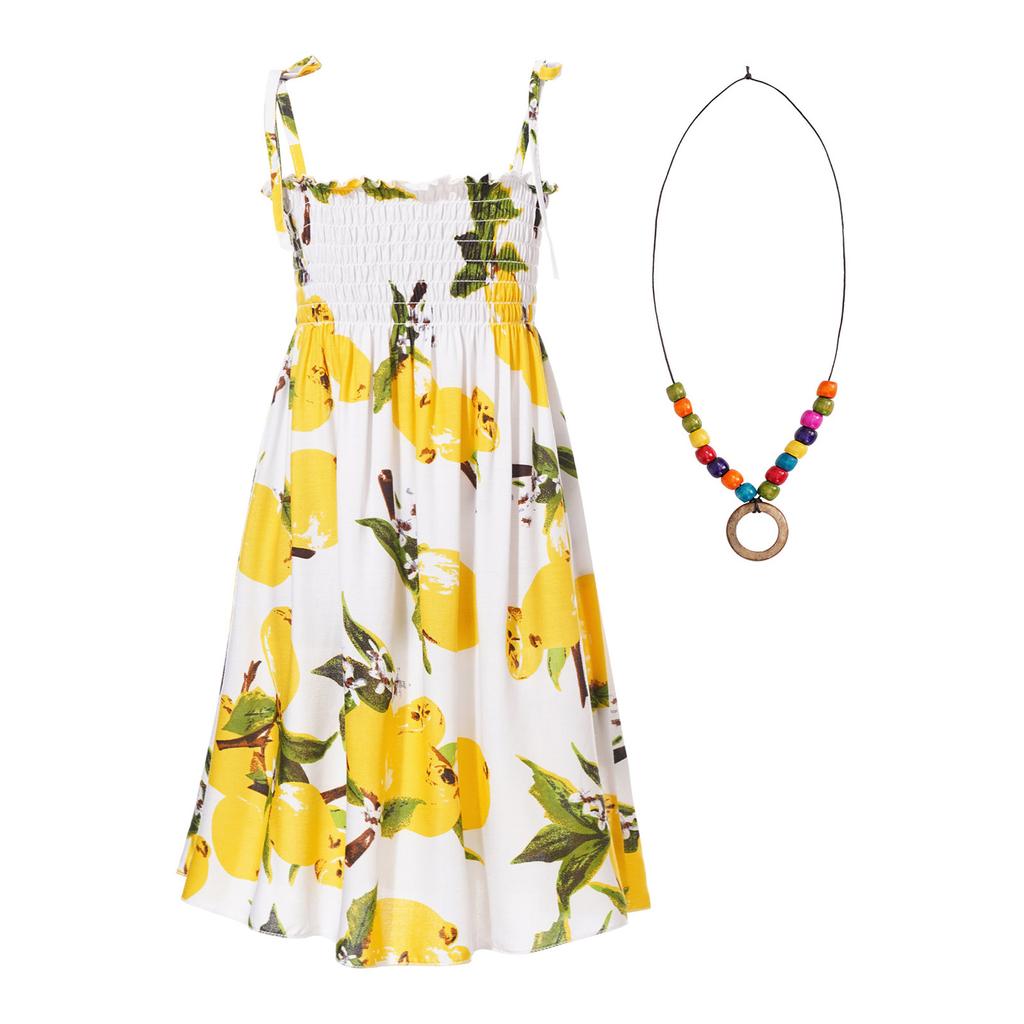 Girls Bohemian Beach Dress Off Shoulder Floral Sleeveless Rainbow Straps Suspender Dress with Necklace Summer Outfit