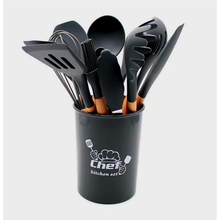 12-Piece set of silicone kitchenware, nylon set, storage bucket, wooden handle, silicone shovel tool, cooking spoon, shovel, non-stick pan. Thin black