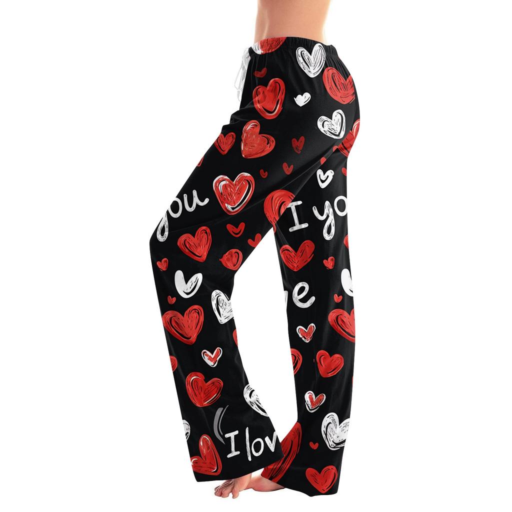Damen Valentinstag Herz, thematische lässige Milchseide Fleece Hose, Schlafhose, Hausanzughose