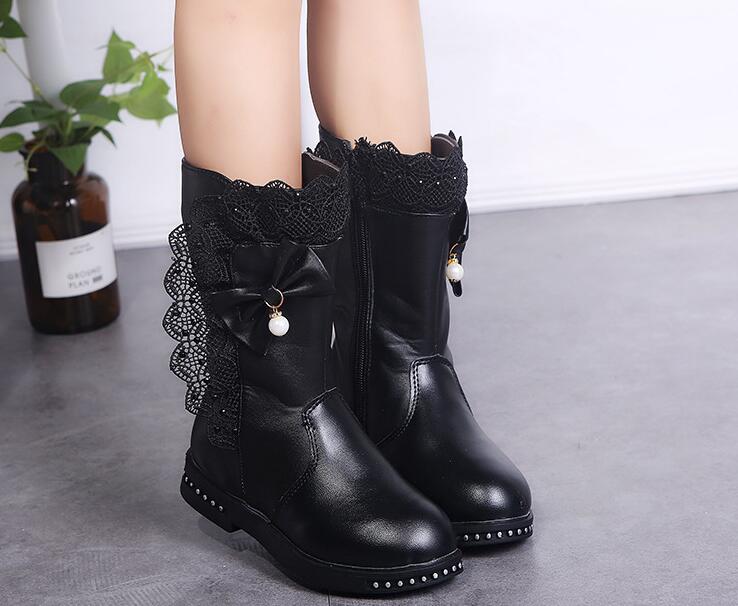 Children's Snow Boots New Winter Girls Mid-calf Lace Bow Zip with Plush Warm Waterproof Leather Boots Kids Princess Tall Boots