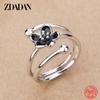 925 Sterling Silver Black Flower Adjustable Rings for Women Fashion Charm Gift Wedding Jewelry