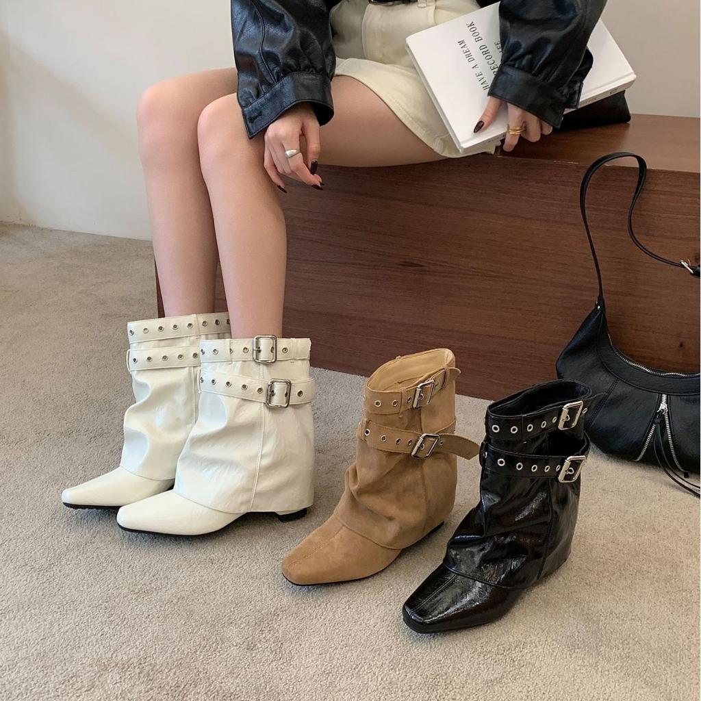 New square head belt buckle inner slope heel low tube thin versatile Martin fashion women's short boots