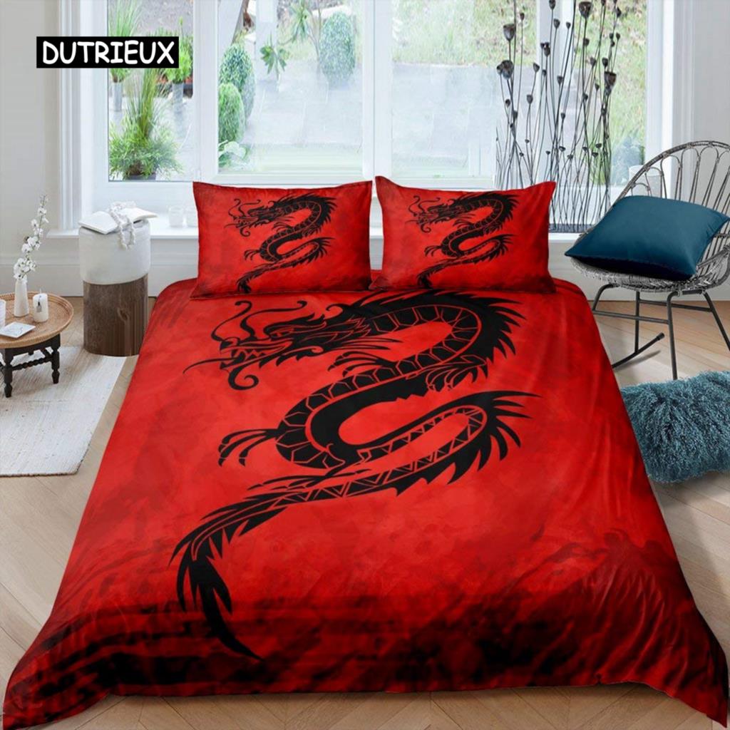 Red Flame Dragon Duvet Cover Set Chinese Dragon Culture Fairy Tale Bedding Sets Microfiber For Children Women Men Bedroom Decor