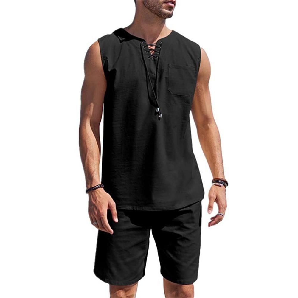 Herren-Westenset aus Baumwolle und Leinen, einfarbig, leicht, atmungsaktiv, V-Ausschnitt, Kordelzug-Design, Sets für Urlaub und Strand, gemütliche Anzüge