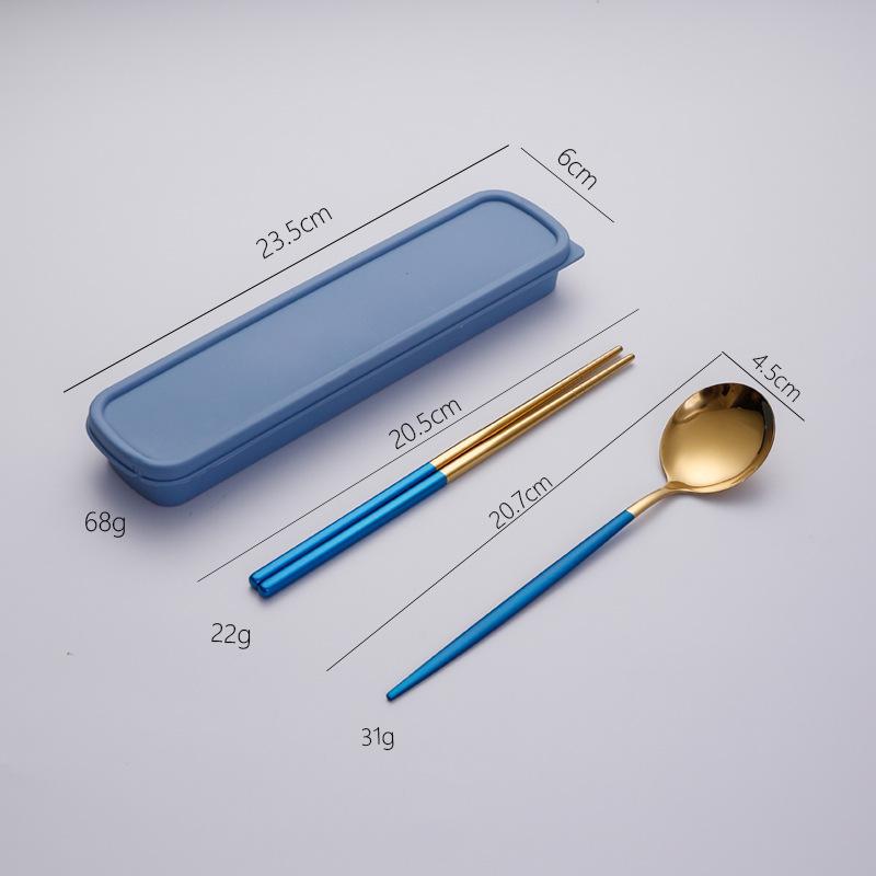 Stainless steel tableware, convenient student spoon, fork, chopstick three-piece set, travel storage set