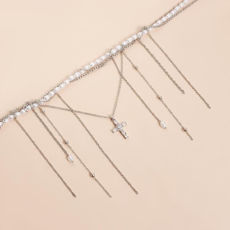 Unique Tassels Crucifix Necklace Simulated Pearls Adjustable Layering Chain Design Comfortable Lightweight Women’s Jewelry