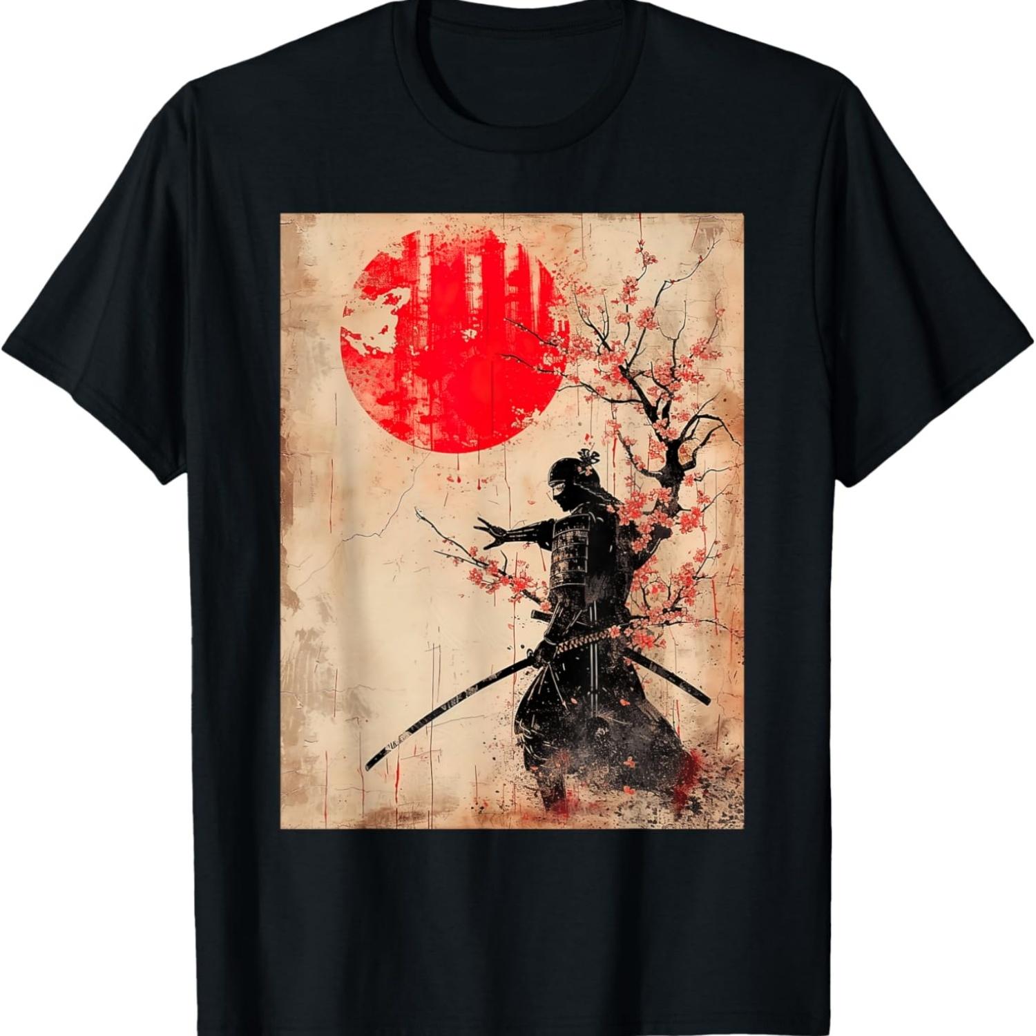 Vintage  Woodblock Art Ninja With Cherry Blossom T-Shirt S чёрный