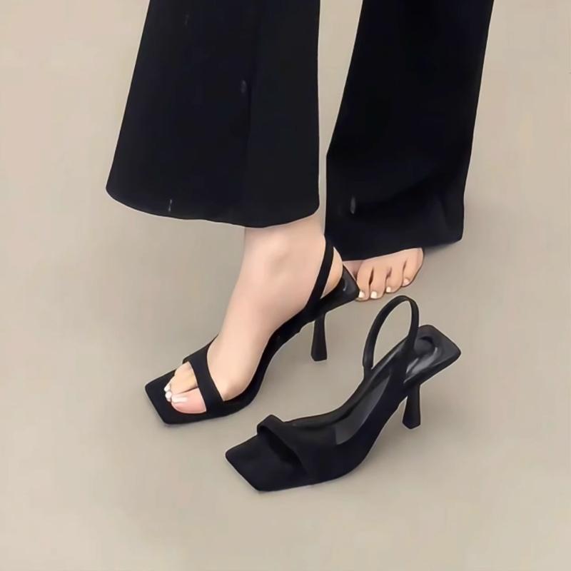 Fashion French Style High Heel Sandals for Women Black Strappy Stiletto Heels with Ankle Strap