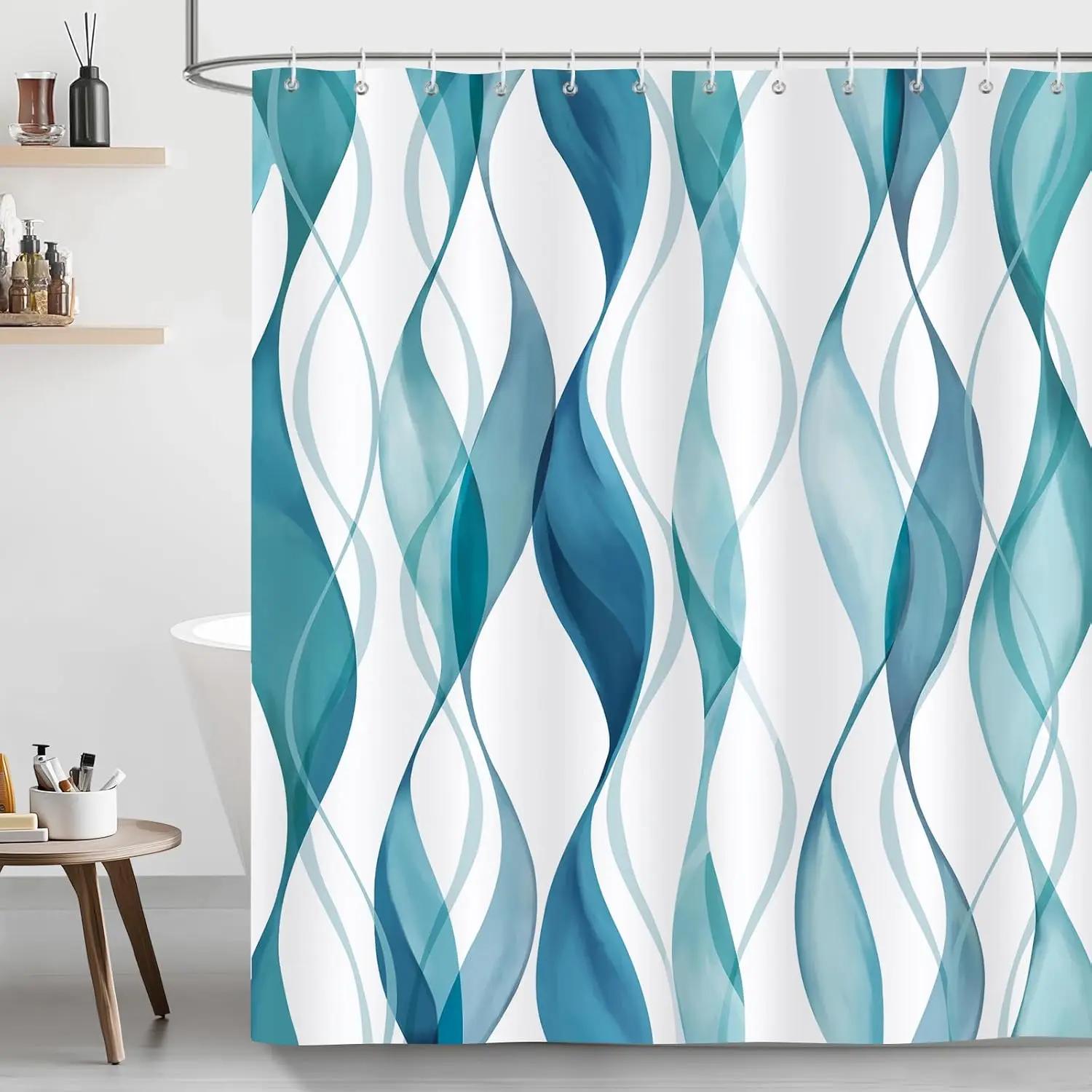 Blue striped shower curtain abstract wave lines modern minimalist bathroom decoration polyester fabric waterproof shower curtain W90xH180cm