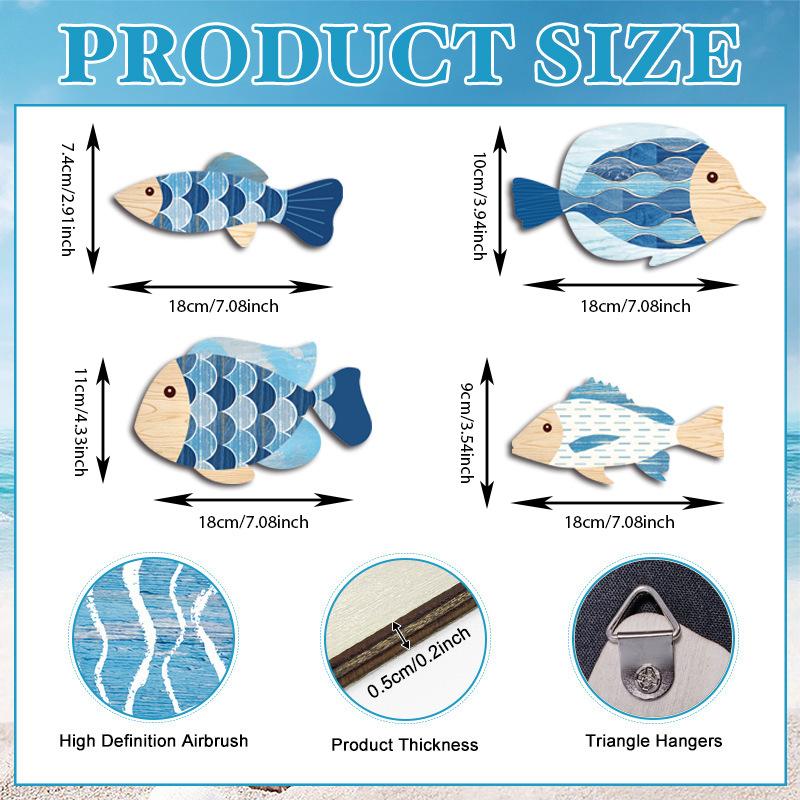 2D Wooden Fish Nautical Walls Beach Art Walls Hang Decorated Marine Style Wood Wall Hanging Sculpture For Home Room Decoration