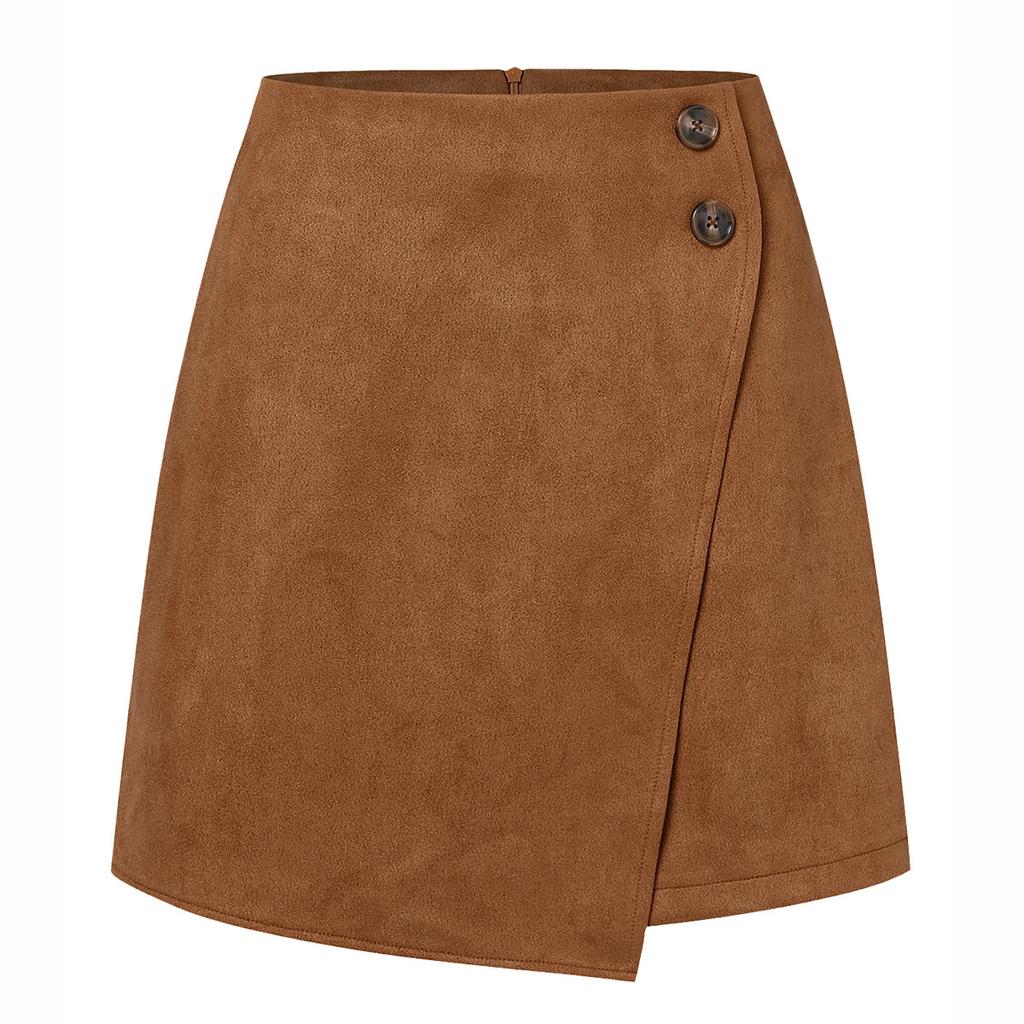 Suede Irregular Skirt Solid Color High-waisted Zipper Button Skirt Women