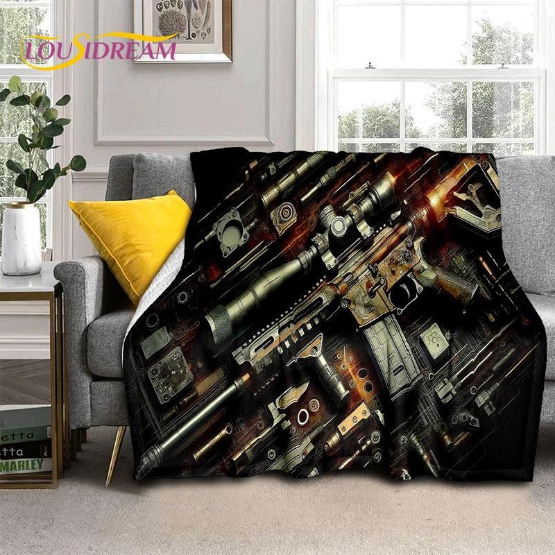 2025 Nieuwe Retro Pistool Amunitie Kogel Patroon AK M4 Zachte Flanellen Dekens, Plaid voor Picknick Bedden Bank Slaapkamer