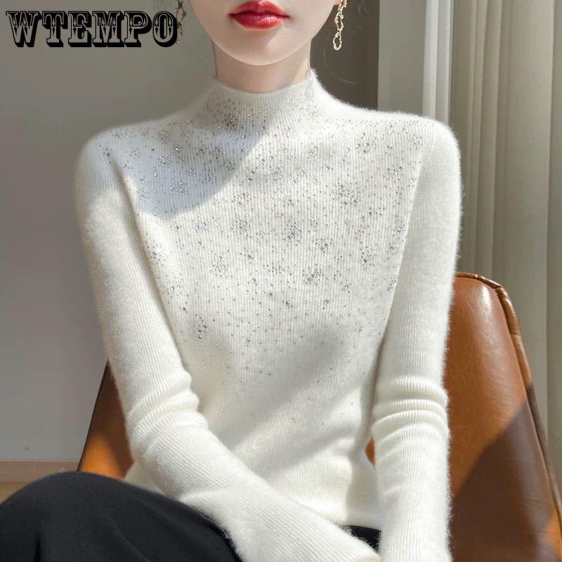 Schwerer Strass-Pullover für Damen, dick, Winter, Slim Fit, innen gestrickter Basis-Pullover-Top