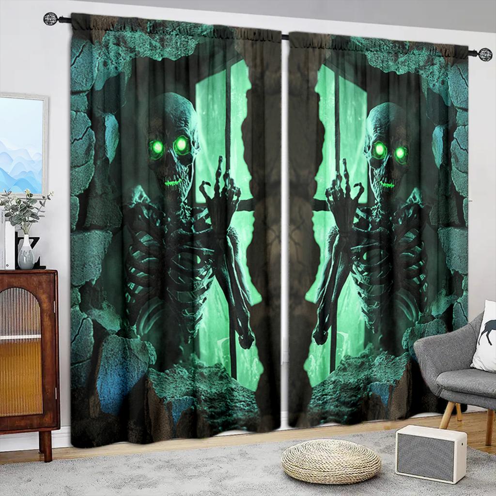 2 Stück Vorhang mit menschlichem Skelett-Druck für Halloween-Heimdekoration - Stangentaschen-Fensterdekoration für Schlafzimmer, Büro, Küche