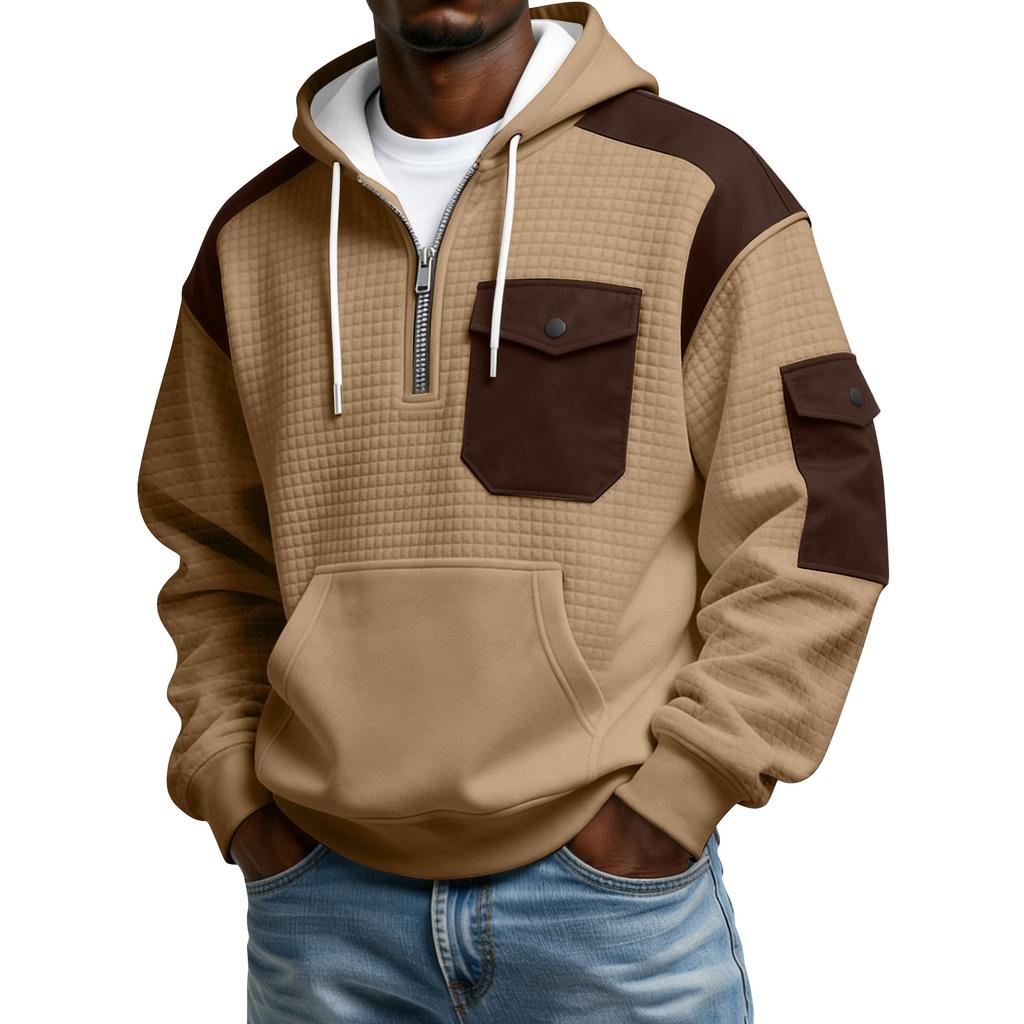 Men's Winter Color Blocked Button-Down Collar Multi-Pocket Hoodie Men's Sports Plus Size Casual Sweatshirt
