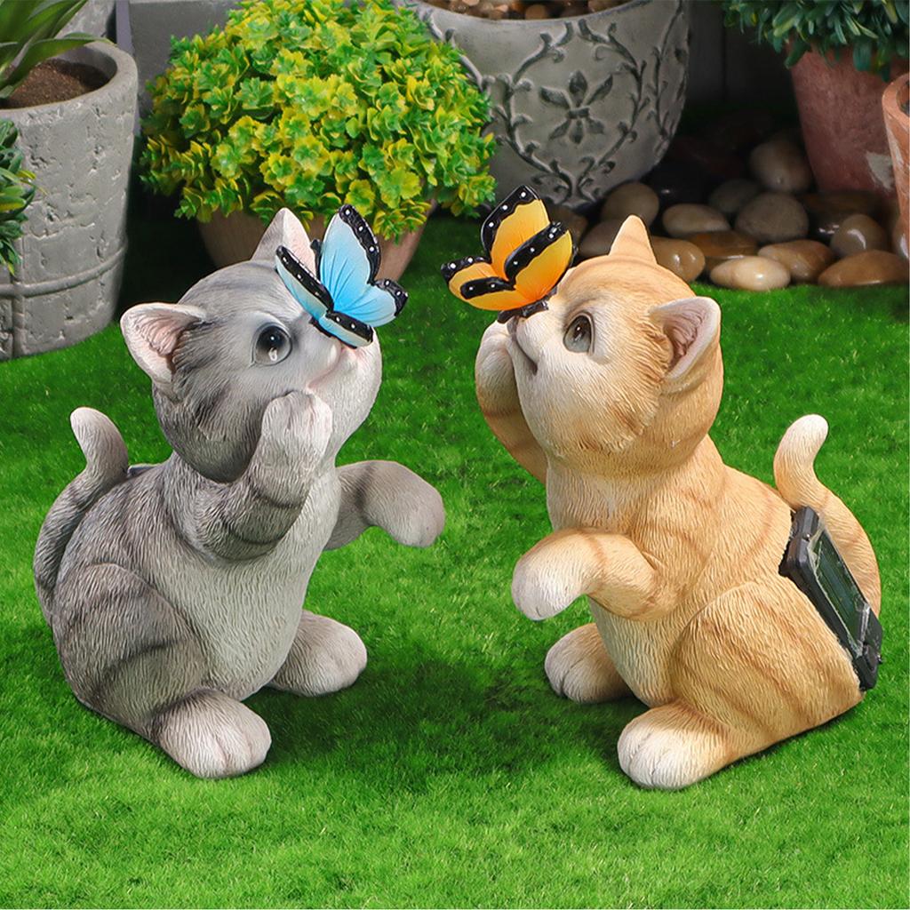 Solar Cat Butterfly Statue Cute Small Animal Decoration Outdoor Garden Ornament Decor
