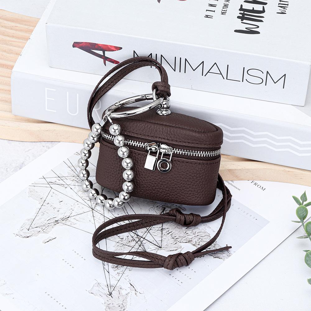 Top Grain Cowhide Bag Charm: Compact Coin Purse & Earphone Holder with Lanyard
