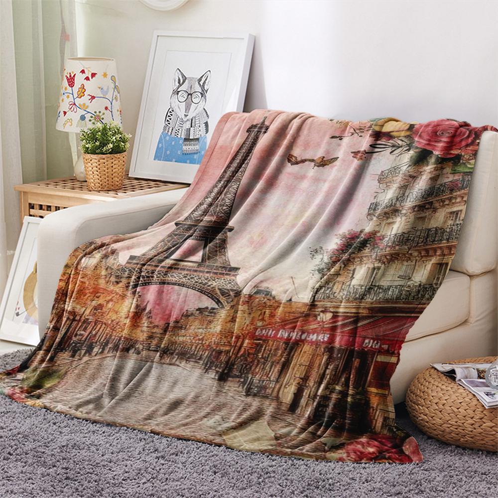 1Pc Eiffel Tower Art Print Flannel Blanket, High quality Comfortable for All Seasons, Home Decor, Warmth and Comfort, Perfect for Gifts