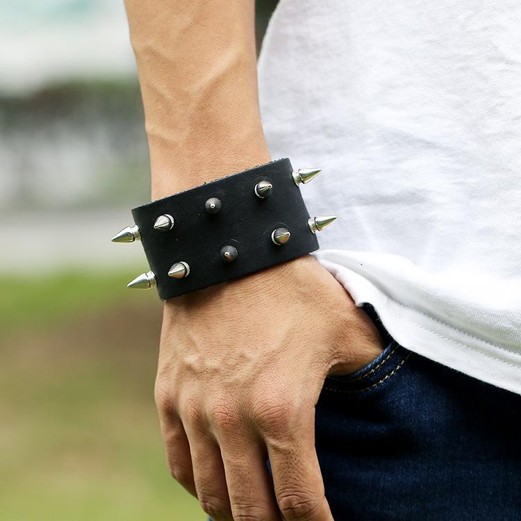 High Quality European American Style Punk Rock Band Fashion Jewelry Genuine Leather Alloy Studs  Bracelet Bangle
