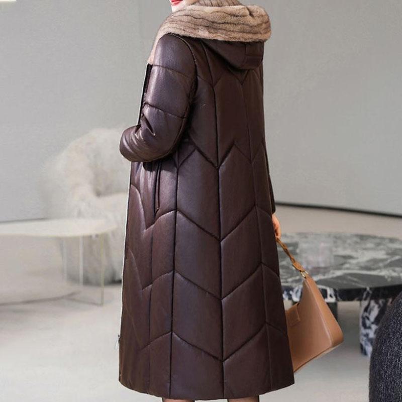 Winter Genuine Leather Jacket  Windproof Long Sheepskin Coat Slim Hooded Alpaca Overcoat