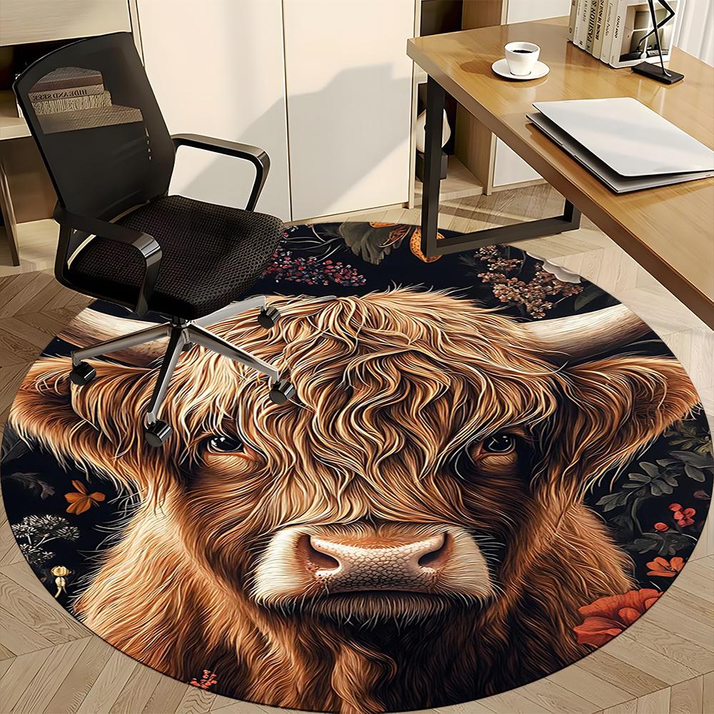 1PC Highland Cow Floral Office Round Area Rug, Indoor Mat Suitable ForOffice, Under Office Chairs Bedroom Living Room Home Decor, Room Deco G015