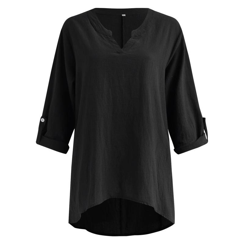 Womens Cotton Linen V Neck Long Sleeve Button Blouse