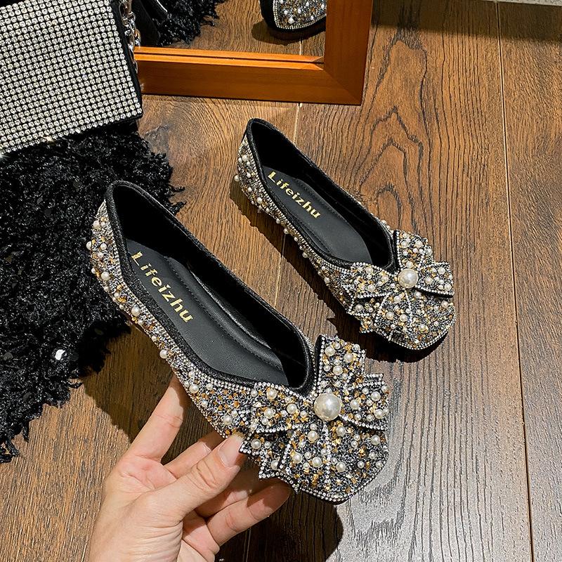 

Модные балетки с жемчужными заклепками и бантом, женские туфли-лодочки с открытым верхом и блестками, свадебные туфли для женщин, хрустальные лоферы слип-он, большой размер 43 43 чёрный