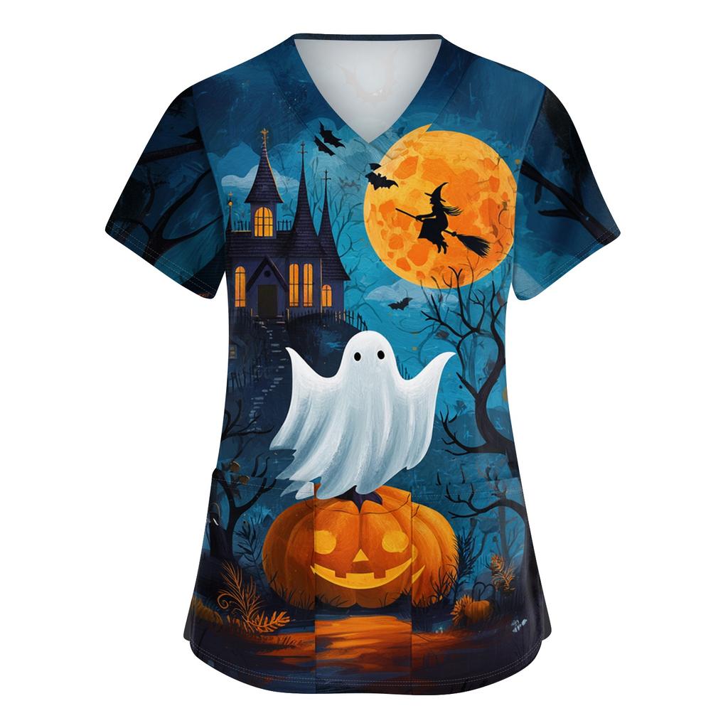 Women V Neck Short Sleeve Work Shirt Double Side Slit with Pockets Halloween Print Top Casual Comfortable Fit