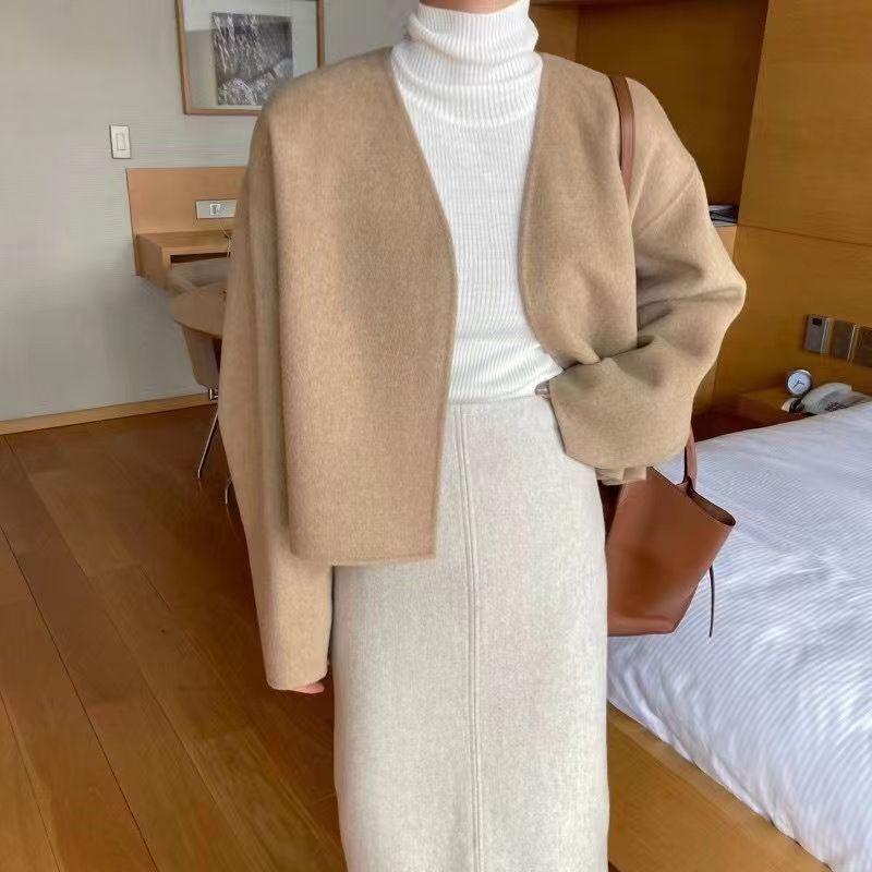 Korean Style Autumn/Winter Solid Color V-Neck Loose Wool Coat