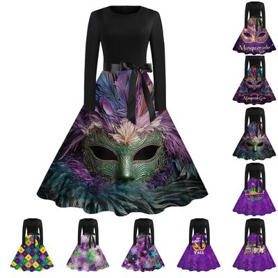 Dámské ležérní módní šaty s kulatým výstřihem a vintage potiskem karnevalu