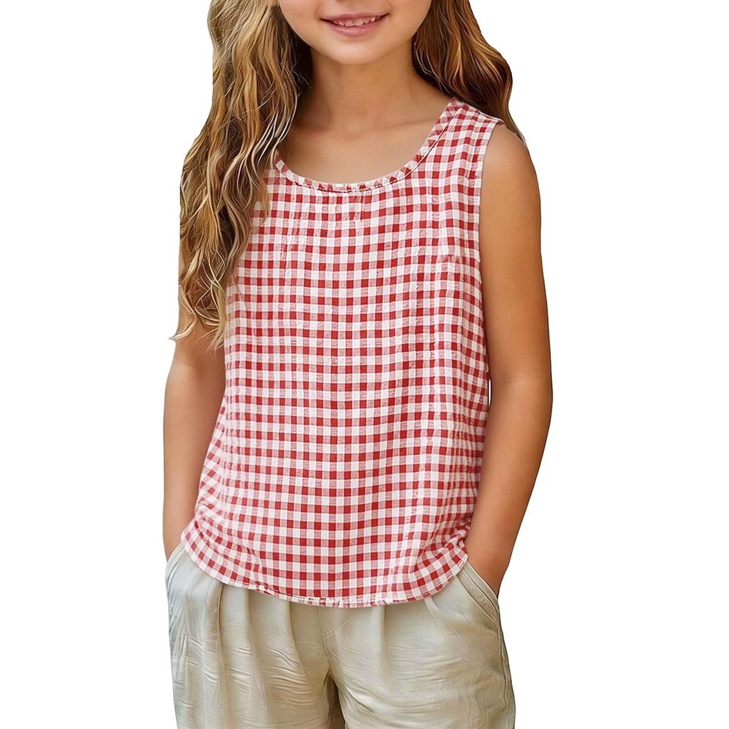 Ärmelloses Tanktop für Mädchen Lässige karierte Weste Leichtes Sommerhemd für Kinder Weicher atmungsaktiver Stoff Bequeme Passform