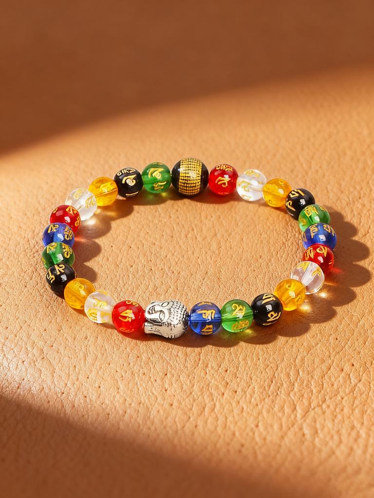 Colorful Crystal Six Syllable Mantra Beads Bracelet Natural Stone Prajna Paramita Heart Sutra Retro Buddha Head Energy Jewelry