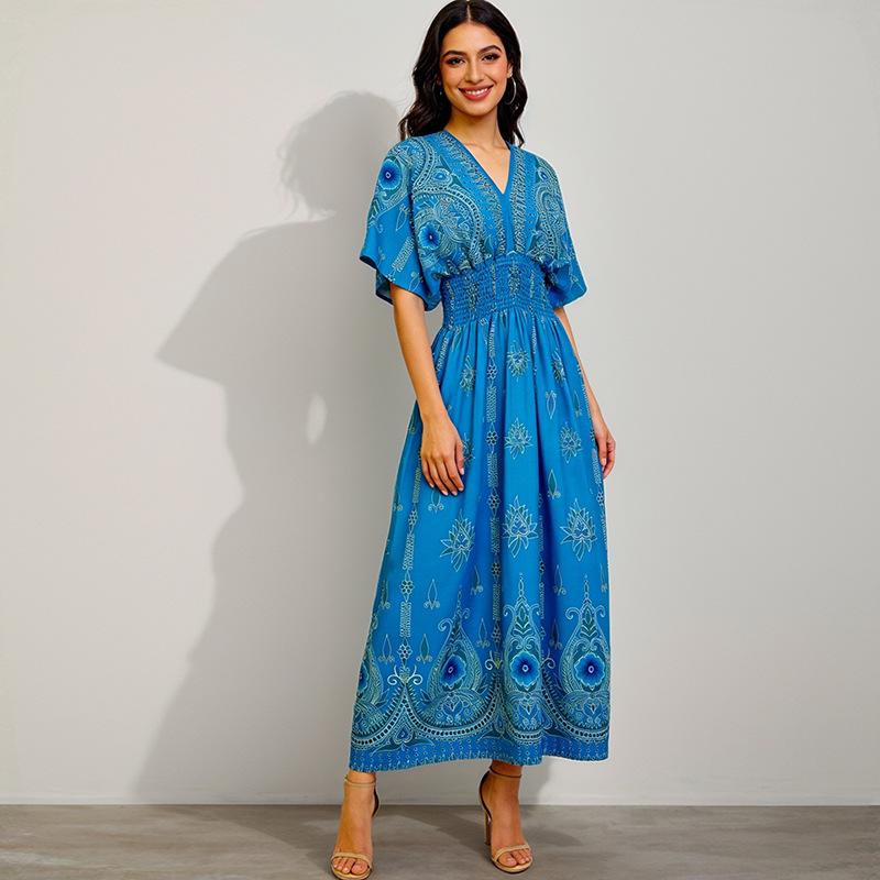 

Ethnic Floral Print Long Dress Womens V Neck Batwing Sleeve Elastic Waist Casual Vacation Dress One size озеро синього кольору
