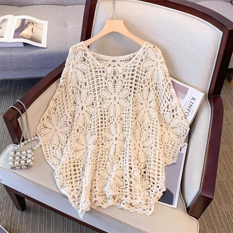 

2024 Новые Летние Женские Кружевные Модные Топы Без Рукавов Повседневные Свободные Футболки Базовая Футболка Летучая Мышь от Dimanaf One Size бежевый