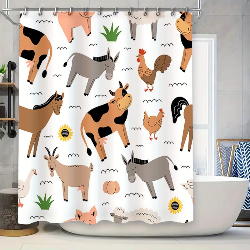 

Farm Animal Printed Shower Curtain Cute Country Decor For Bathroom, 3D Waterproof Fabric, Non-Slip Rubber Rings Included W60H190(CM)-1 Pcs