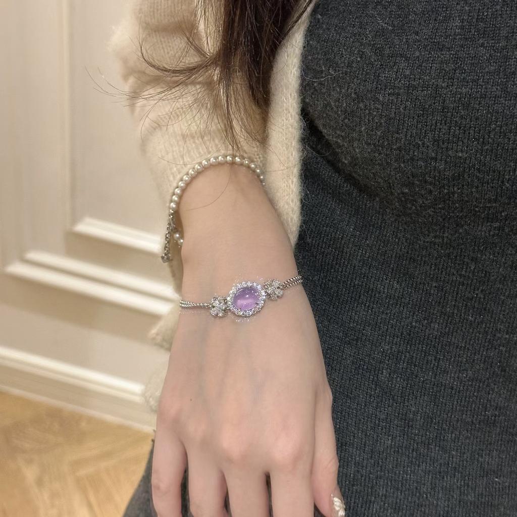 Haute Couture Natural Purple Chalcedony Bracelet Women'S Handmade Inlaid Ice Transparent Violet Egg Surface Bracelet Temperament