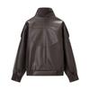 Womens 3-color Faux Leather Jacket Loose Fit Square Collar Winter Wear