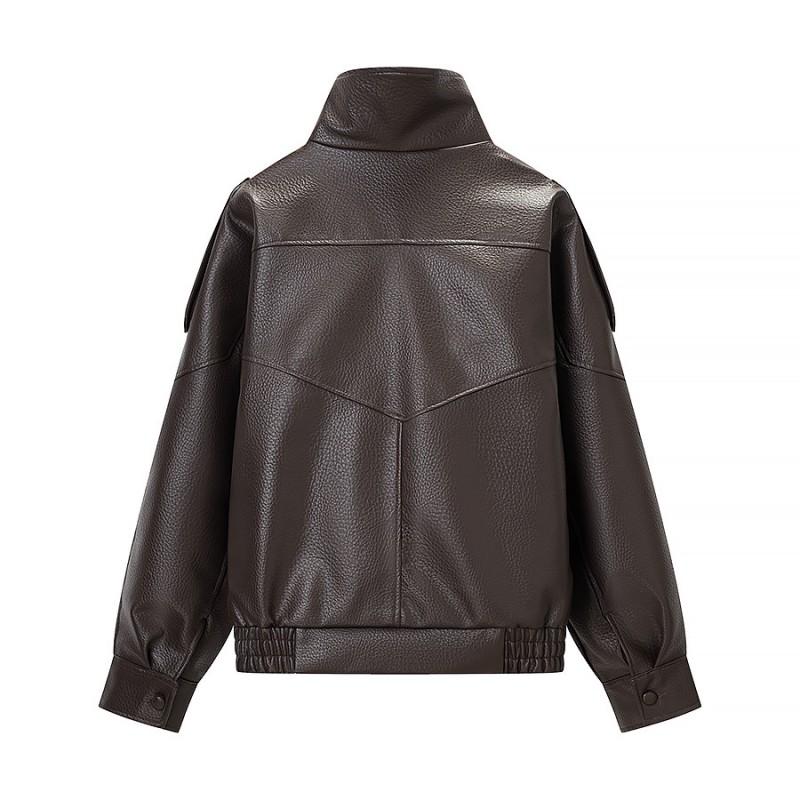 Womens 3-color Faux Leather Jacket Loose Fit Square Collar Winter Wear