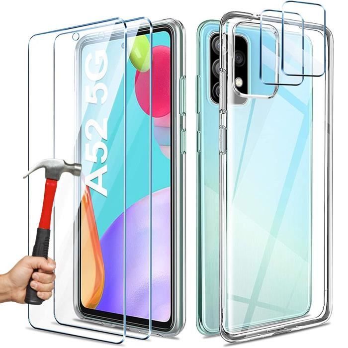 Coque pour Samsung Galaxy A52 4G-5G A52s Silicone + 2 Vitres Verre Trempé et 2 Protections Caméra Arrière