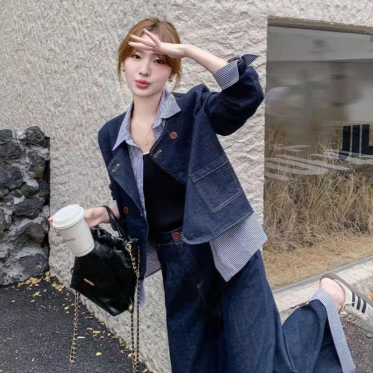 2025 New Women's Faux Two-Piece Denim Set: Petite Korean-Style Wide-Leg Pants for Early Autumn