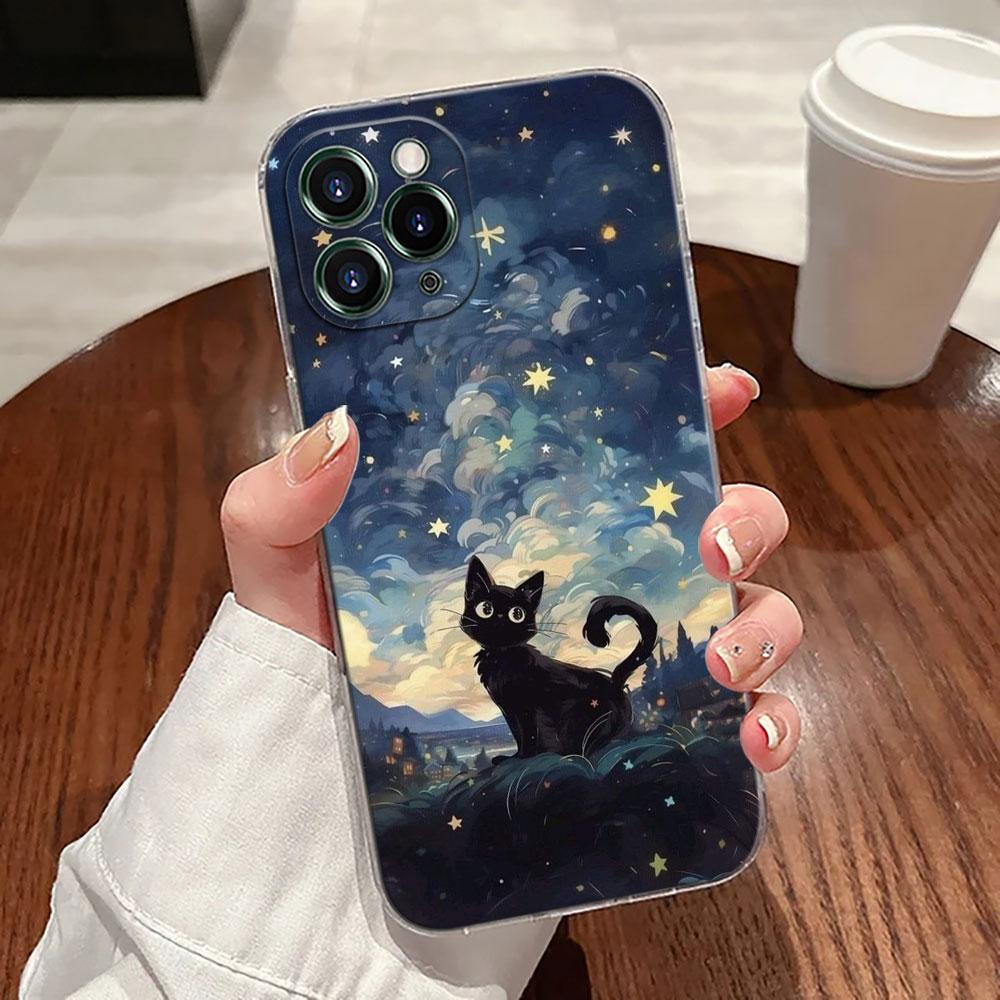 Retro Oil Painting Starry Sky Cat Case For Apple iPhone 17 16 15 14 13 12 11 Pro Max 16 Plus 16E 17Air 17Pro Phone Cover Funda
