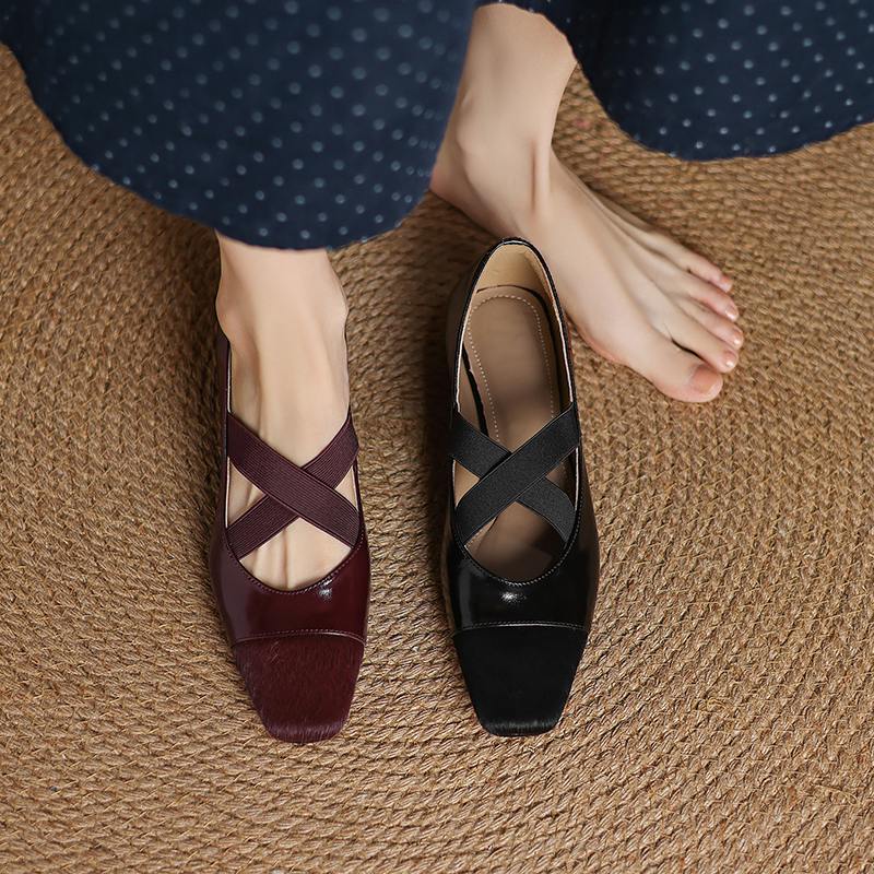 Krazing Pot Cow Skin Spring Summer Size 41 Horsehair Thick Low Heels Women Square Toe Basic Clothing Shallow Pumps
