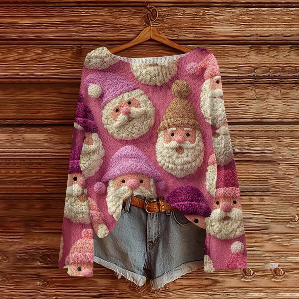 Women's Round Neck Lightweight Sweater Casual Long Sleeve Christmas Print Knit Pullover