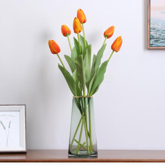 Artificial Tulip with Green Leaves Realistic Fake Flower Stem Wedding Party Table Centerpiece Indoor Outdoor Faux Bloom Decoration